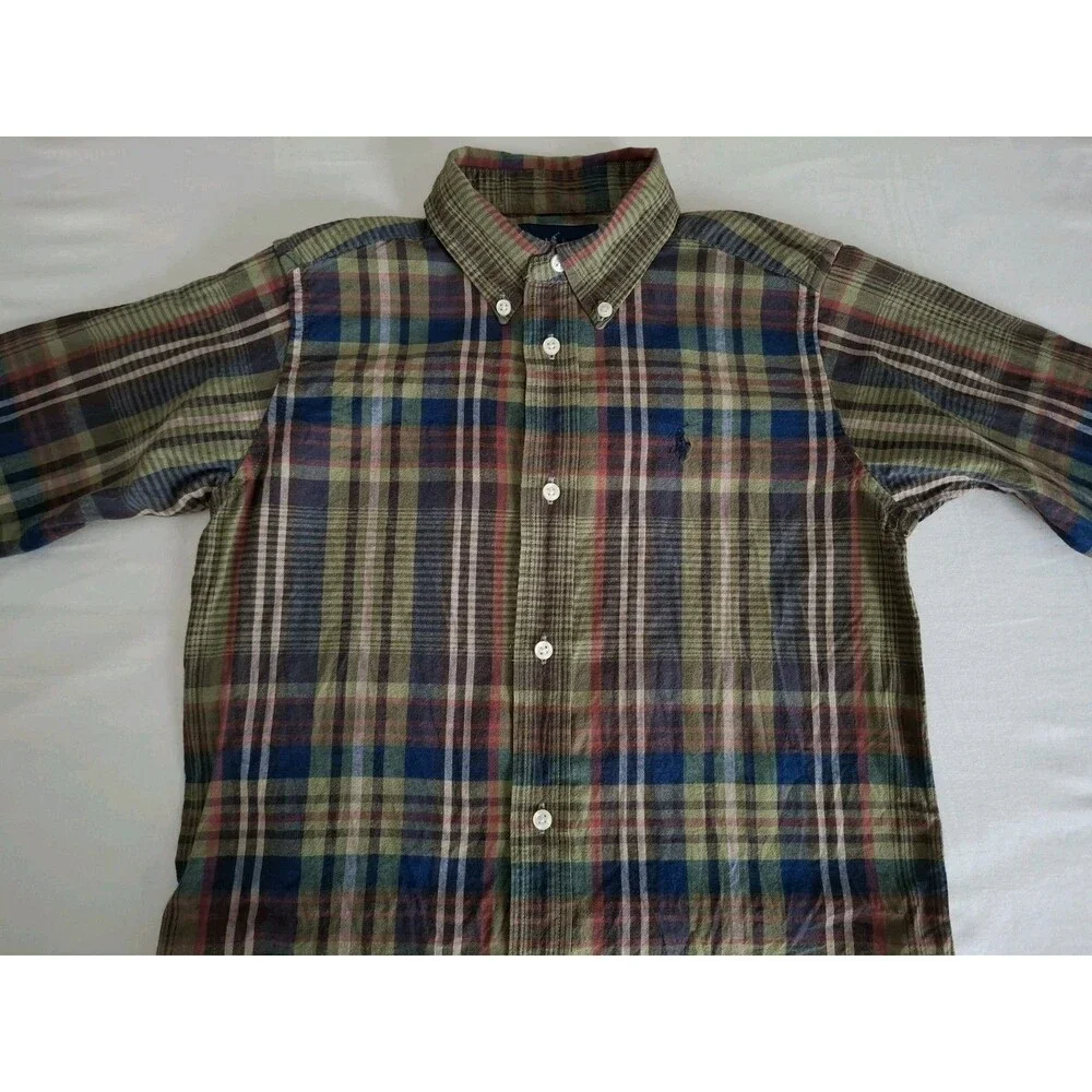 Vtg Ralph Lauren Madras Plaid Button Down Shirt Boys LS Fall Preppy EUC